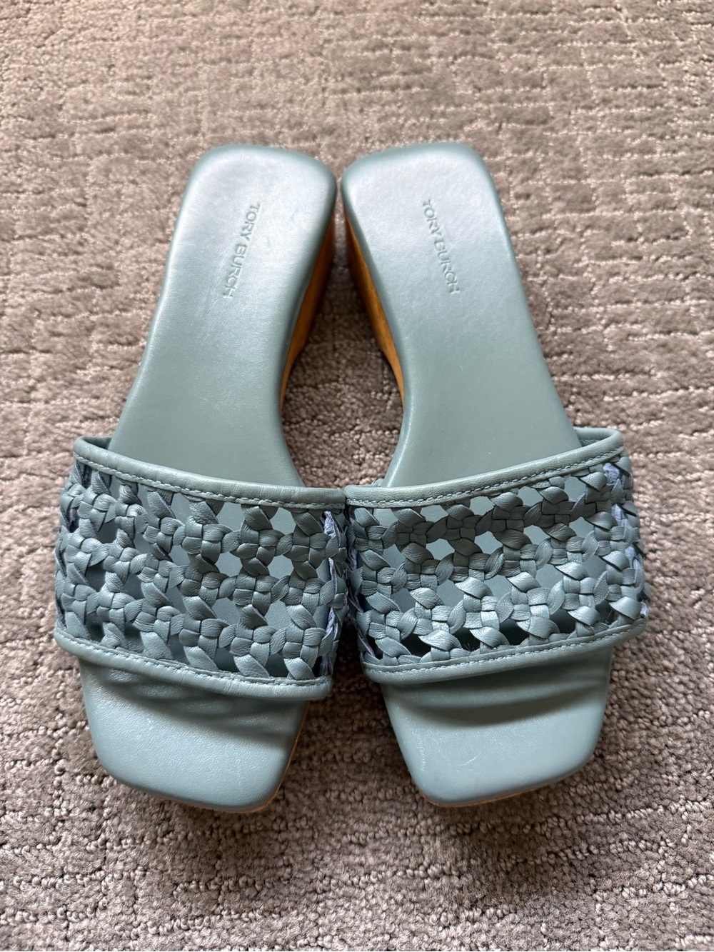 Tory Burch Basket Weave Leather Sandals Seafoam Slide Mule Size 6 NWOB